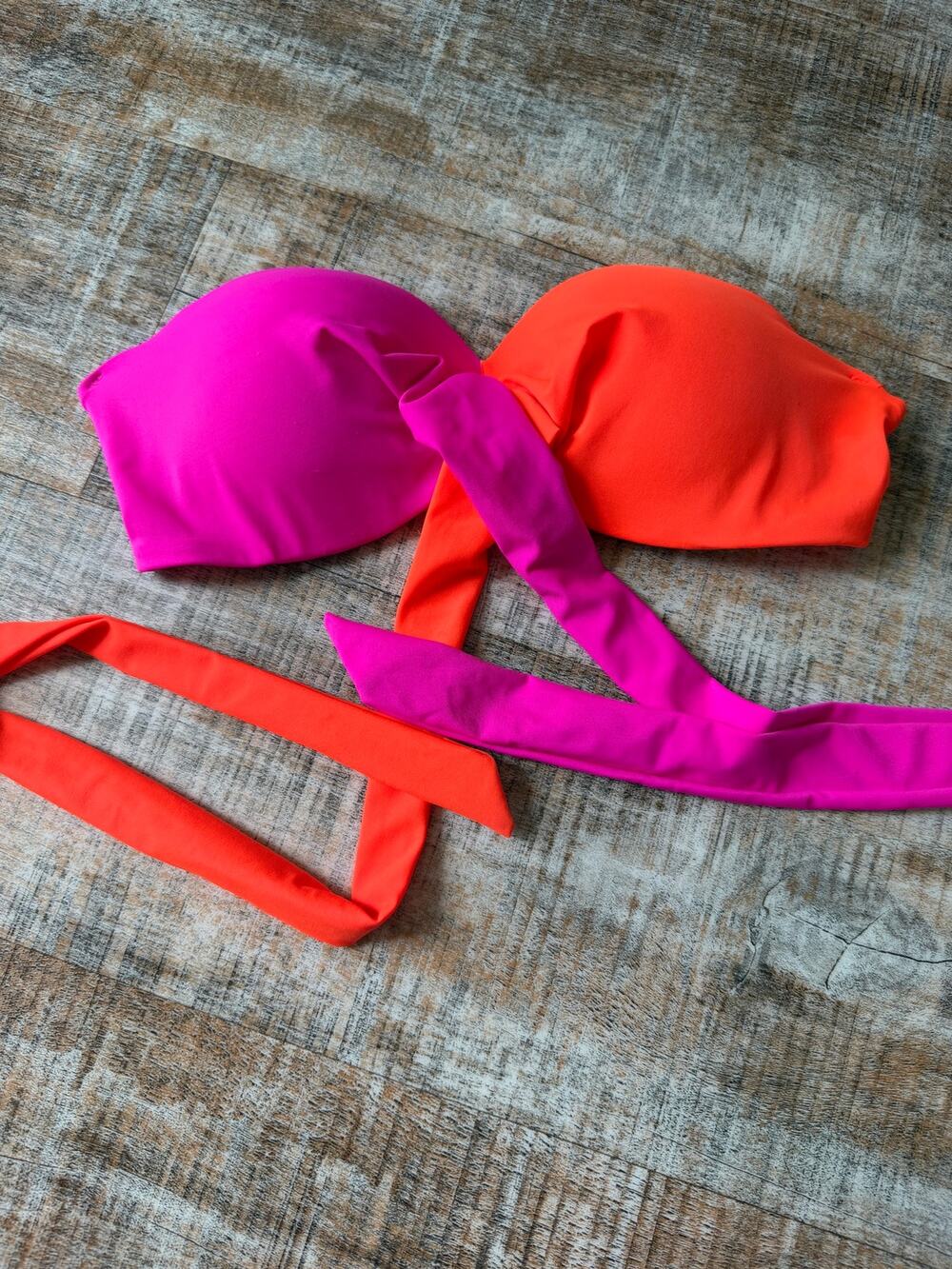 Victoria's Secret Pink Orange Color Block Neon Strapless Bikini Top Swim Size M